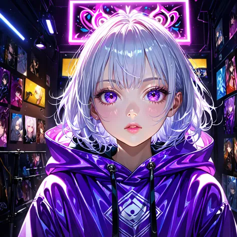 1girl, anime character, short white hair, purple eyes, hoodie, streaming setup, vtuber, street fashion, detailed facial features, beautiful detailed eyes, beautiful detailed lips, extremely detailed eyes and face, long eyelashes, photorealistic, cinematic ...