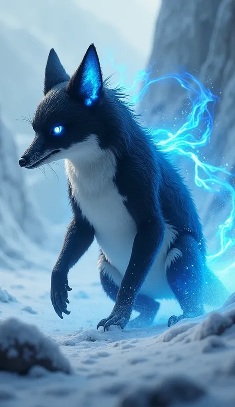 Hybrid of a penguin and an arctic ice fox with the freezing blue radioactive liquid of furious and roaring