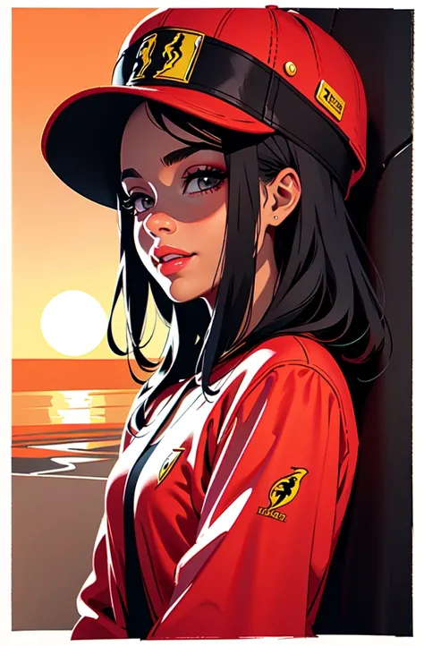 fille rétro, souriant, casquette jordan, Miami, coucher de soleil, Ferrari, palmier, Années 90, (flat colors, texture plate, dessin au trait:1.2), design graphique, (encre lourde, encre noire),