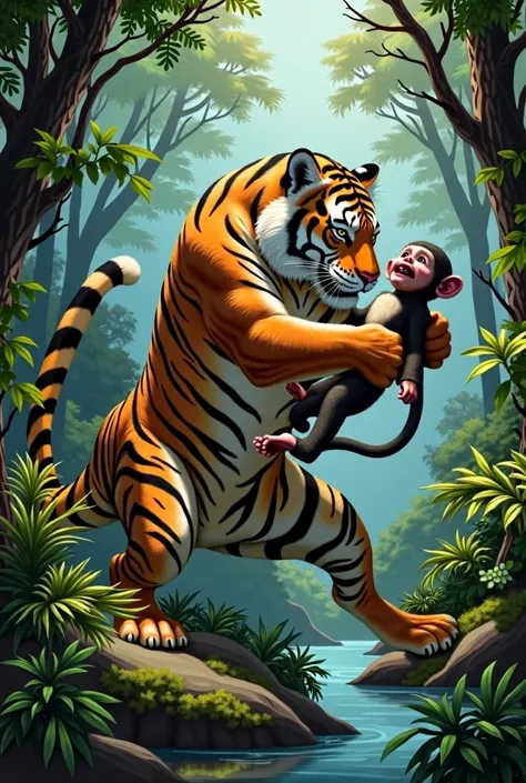 Make a landscape where a tiger and a monkey are having sex