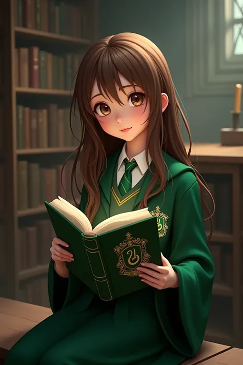 A white-skinned animation type girl,  brown eyes,  long hair, brown and wavy,  dressed in Slytherins Harry Potter uniform.
 is full-bodied ,  reading a Slytherin book, In the background the library ,  with positions and at night . 
 
