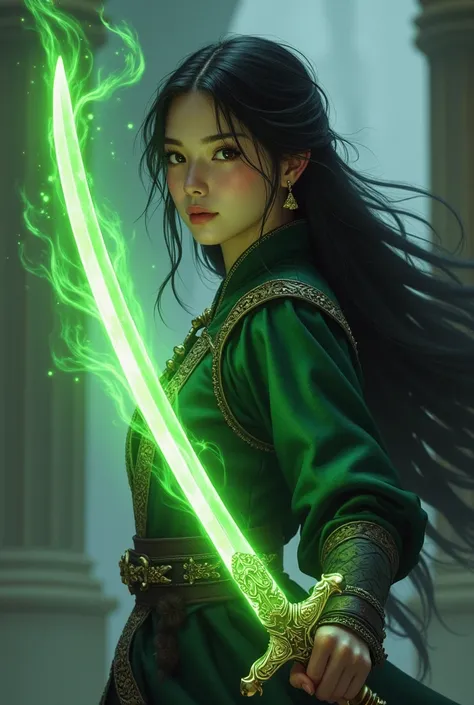  A 22-year-old girl with long black hair, That this would be , He wears a medieval costume without armor,  in her hands she carries a katana-style sword and a green magic emanates from it 