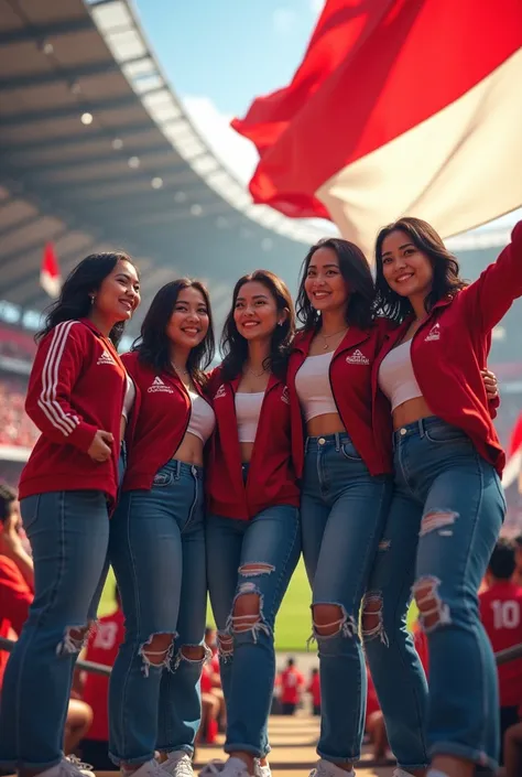 5 beautiful rather chubby Indonesian women , black blue hair,  wears a red and white jacket and long jeans with holes, standing on the spectator stand and smiling, hand holding large red white cloth, photo of shellie inside the indonesian football stadium ...