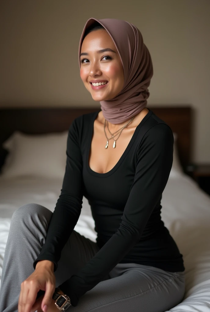 Malay matured women in hijab wearing low scoop neck tshirt slim fit, portrait photography, mid shot photo, ultra detail, professional lighting, smile, bedroom background, sexy seducing pose, sit with legs wide open.