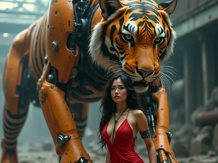 sexy girl megan fox ,sexy ass, looking at giant mechanical tiger,detailed,megatron
