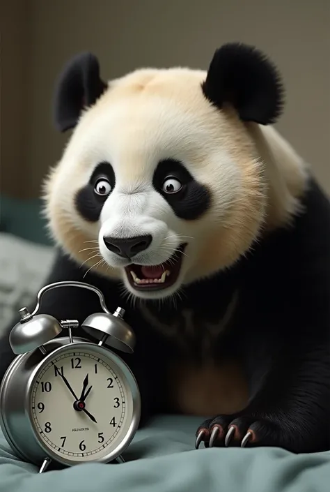 The alarm clock ringing loudly, and the panda is startled awake with wide, panicked eyes, its fur standing up a little from the shock."