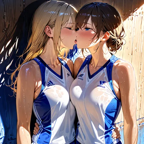  women are french kissing side by side,  wearing white and blue volleyball uniforms,  sleeveless, At the same height, ( brunette ,  sunburned) (Blonde),  smaller, Sweaty Chest, masterpiece,  best quality,  amazing shadows ,  detailed background, Silk Shot