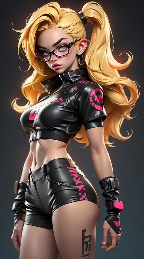 (( best quality )), (( masterpiece )), ((realistic)) and ultra-detailed photograph of a 1nerd girl with gothic and neon colors. she has ((Blonde hair)), usa um (top tech-wear) It is a (black tanga, red pattern:1.2) , ((handsome and aesthetic)), sexy, under...