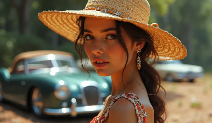 gorgeous, beautiful 19 year old girl in a beautiful dress and hat, near a shiny car from the 1980s, oil painting art, 4K, 3D rendering, evolution, intricate details, masterpiece, hyperrealism
