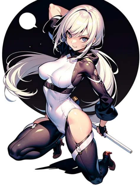 female, character design,  white background,  standing, full body, slender, kunoichi, {bodysuit}, fullbody, smile,