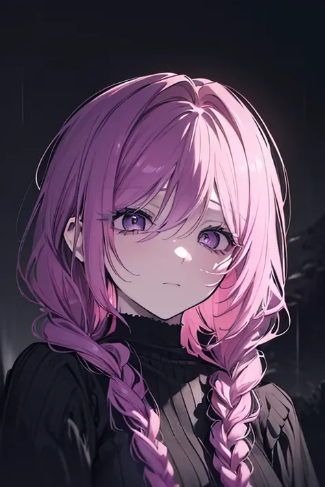 a beautiful woman with long pink purple hair, long eyelashes, braids, sexy dress, heavy rain, wet hair, feeling of despair, losing everything, darkness, the depths of despair, the worst mood, pain, suffering, wishing for death, death as the only salvation,...