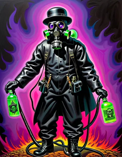 Mad Gasser. Mad Gasser of Mattoon, Wearing a gas mask with tinted goggles, Black hat, black cape, tight black leather suit, Compact backpack sprayer, Whole body all black. Intense LSD art, Trippy Poison gas art