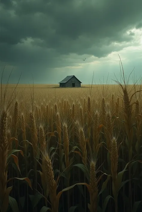  The vastness of a corn field in a rural village , abandoned barn with tall, dense corn cobs,  under a dark, cloudy sky .  The wind seems to shake the leaves in a strange way . 