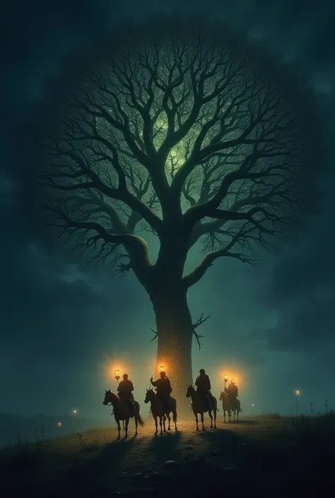 The background is pitch black, there are a small group of riders on horse back with two pack horses. Each rider carries a lantern on a long, upright pole. The pack horses have 2 lanterns each. The lantern lights give off enough glow to branch out into the ...