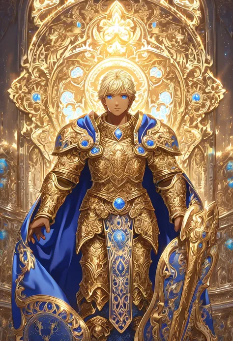 Heroic male elf paladin, tall and muscular, in his 20s. Short, well-kept blonde hair, bright blue eyes with a piercing gaze. Slightly tanned skin, sun-kissed due to traveling and patrolling under the sun. Wearing ornate, shining paladin armor with intricat...