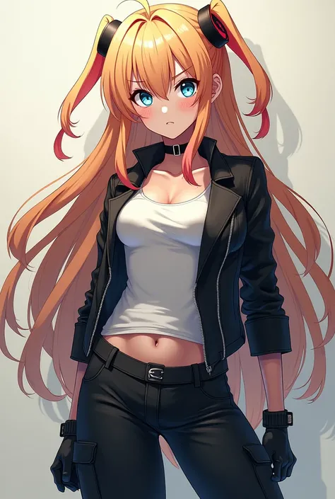 Long haired blonde anime girl ,  with red highlights and intense blue eyes . Dressed in a white tank top ,  with black pants and a black leather jacket, with a black boot