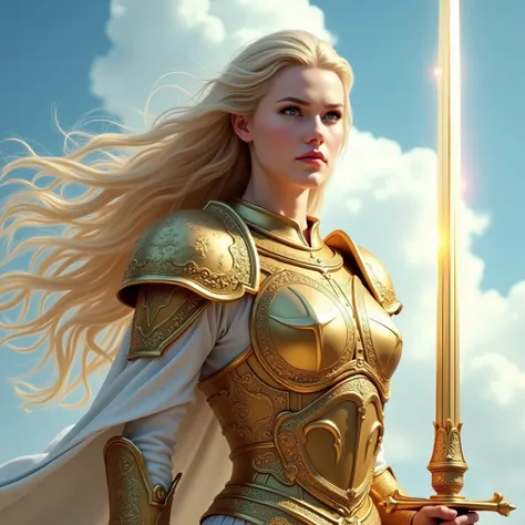 Create an 8K ultra-realistic image of a celestial warrior with:
    - Golden armor with intricate details
    - Sword of light in hand
    - Intense blue eyes
    - Flowing blond hair
    - Background of blue sky with white clouds
    - Expression of stren...