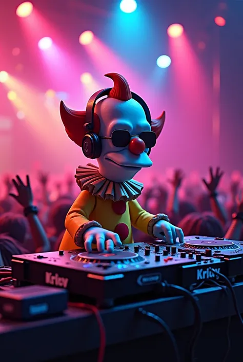 Image of Krusty the clown DJ with headphones and dark glasses playing on stage 