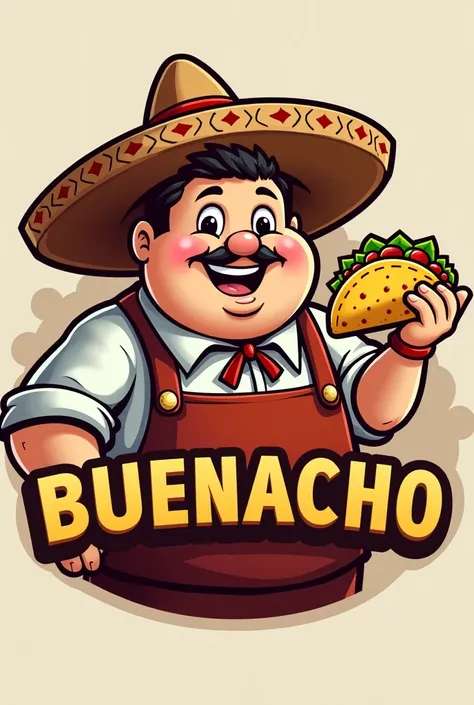  A logo of a taqueria with the name  (Buenacho )
With the image of a taco held by a chubby Mexican cook
Let it not be too colorful