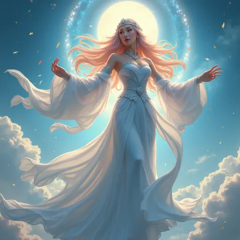  A heavenly empress with the posture of a ruler of the universe ,  crossing the skies  ,  the elements of the world rush to be the rungs for her .  She has very long hair that contains all the colors of the world and shines like stars, flowing from the win...