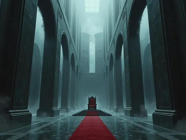  Gigantic and long throne room, Full of mirrors , Throne far away in the back ,  with red upholstery . gloomy weather, dark. Lots of mirrors.