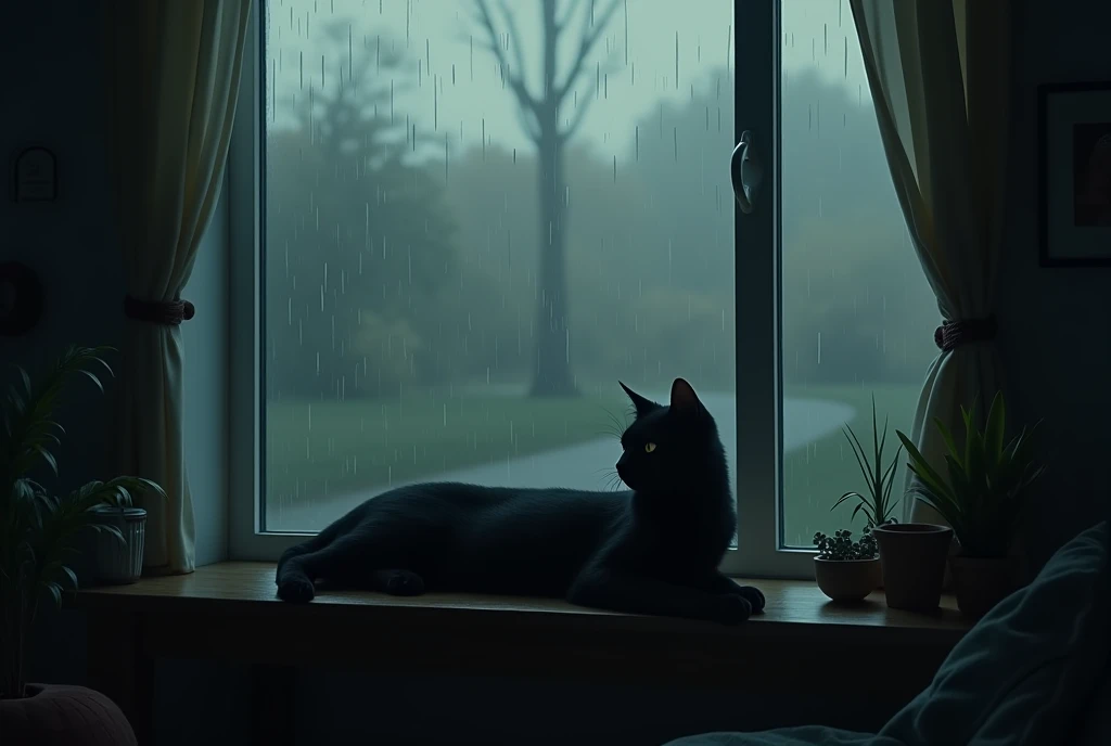 Dark room, a cat on a table,glass wall and raining outside