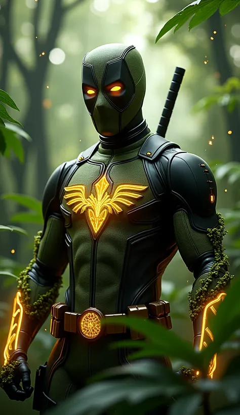 "Create a hyper-realistic animation of Deadpool reimagined as a symbol of Brazil, inspired by the lush Amazon rainforest. Design his suit in deep green and black, with textures resembling the veins and patterns of tropical leaves. Integrate glowing golden ...