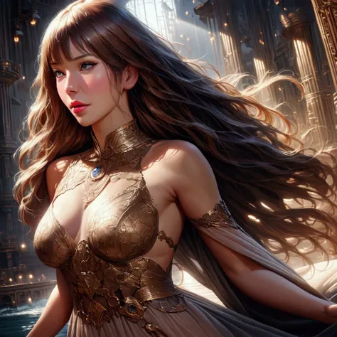 A fantastic clockwork city near the sea, reflected in all its splendor in the water, starry night, ultra-realistic high fantasy, 1 girl, beautiful detailed eyes, beautiful detailed lips, extremely detailed face and features, long eyelashes, elegant dress, ...