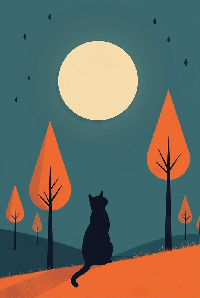  make me a minimalist landscape with complementary colors orange and blue ,landscape with trees and a cat looking at the moon 
