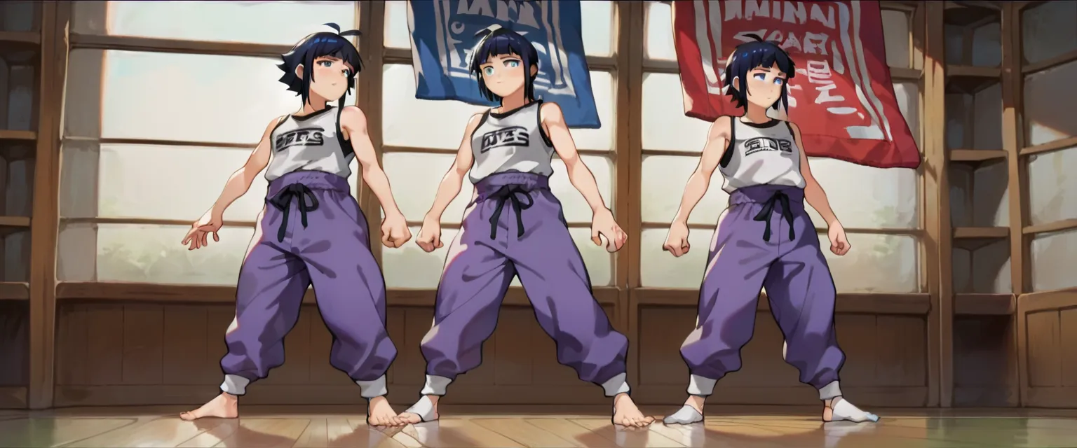 (caucasian ethnicity) masterpiece, 4k,  lyrics, hinata,  white socks , purple pants,  loose pants , plain pants,  martial arts p...