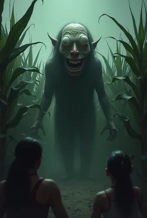  A grotesque and distorted figure ,  looking like a caricature of a  ,  emerges between the rows of corn .  His eyes are large and opaque ,  and its mouth is excessively wide ,  with a macabre smile .  The surrounding corn field is dark ,  the ears swaying...