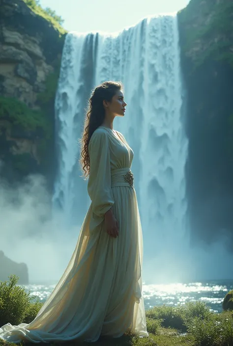 Woman standing in front of a waterfall