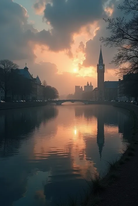  A quiet lake surrounded by a quiet city、Buildings and skies reflected in quiet water 、Dramatic composition、Realistic、 Fantastic Scenery 、 golden hour lights 、 Very detailed、 Movie-like 、 Moody Atmosphere 、