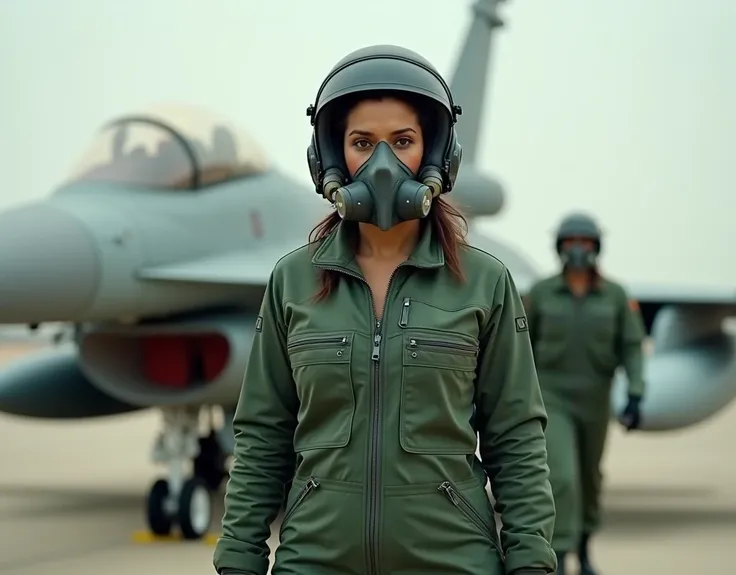 Madhuri Dixit wearing a green fighter pilot suit, pilot helmet and oxygen mask, standing beside a f16 fighter plane, She is middle aged and little chubby, full body view