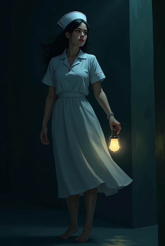  A nurse shrouded in darkness holding a lamp ready to help people. In your face, What you can barely see ,  we see the confidence that she knows she is changing the world . lateralized.