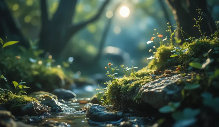 stone ,forest,Creek, covered the rotting stones of moss and plants ,, Signs of decay,The moonlight is on the stone,Small Flower, in the dark,night,,in conclusion,photography