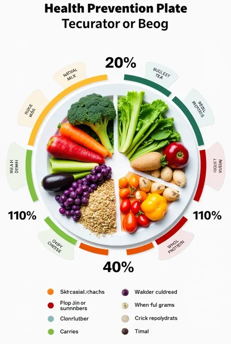 visual representation of the  " Health Prevention Plate "  based on information provided .

 icon Imagine a circular plate divided into portions :

40%  Vegetables and Vegetables
- Spinach
- Broccoli
- Carrot
- Peppers
- Purple cabbage
- Pumpkin
- Aubergin...