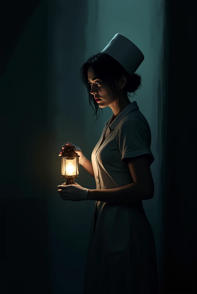  A nurse shrouded in darkness holding a lamp ready to help people. In your face, What you can barely see ,  we see the confidence that she knows she is changing the world . lateralized.