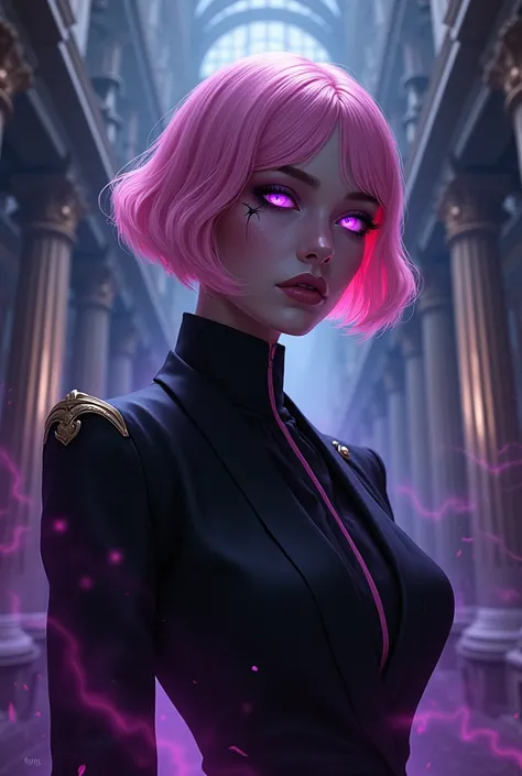 A pink blonde haired  old young woman. Her eyes violet with mysterious glow. A high-society noble  with dark aura surrounding her. She has a scar from under her right eye to her cheek. Her short bob hair wavily reaching her neck. Shes standing upon a bridg...