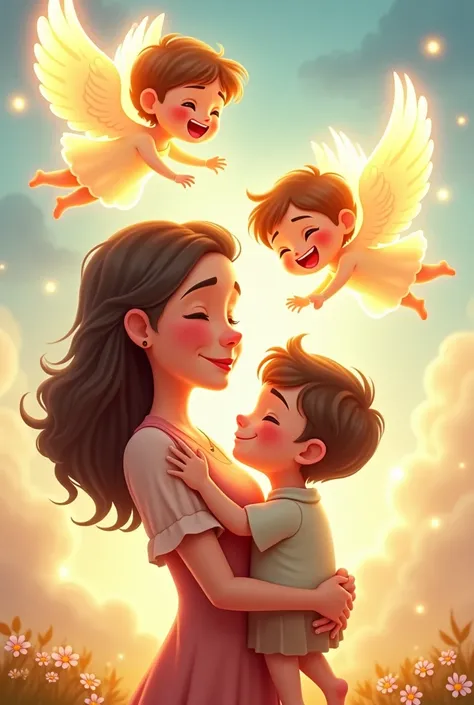 Cartoon of a mother with her son and her two little angels who lost girl and boy