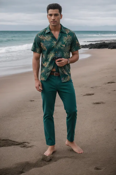 8k uhd, dslr, high quality , RAW photo, Realistic Photography , Full Body, Fujifilm XT3, Canon R5, Handsome Men , beach , Hawaiian shirt and loose green pants