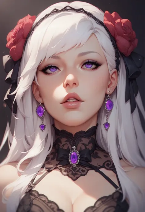 beautiful girl　Black sheer lace　Gothic Lolita Fashion　Looking up　parted lips  1girl, long white hair, purple eyes