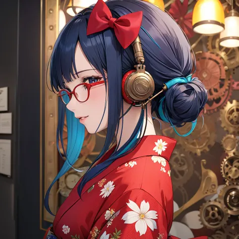 (Best masterpiece, High resolution: 1.5), (8K, RAW photo, Perfect anatomy, Golden ratio: 1.4), Pointillism, Professional photo, Japanese idol, (Real: 0.5), (Bow to the front :1.5), (floral pattern, red yukata, red glasses, steampunk earphones:1.5), (colorf...