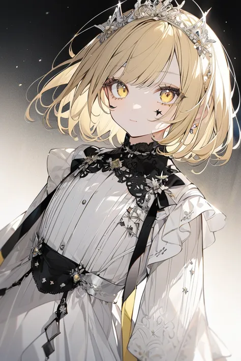 Solo female, yellow short hair,Delicate quality, yellow eyes , white shirt, black skirt ,Delicate quality ,Stylish details with a tiara{x}, Cute Face , looks younger,cowboy shot, white background