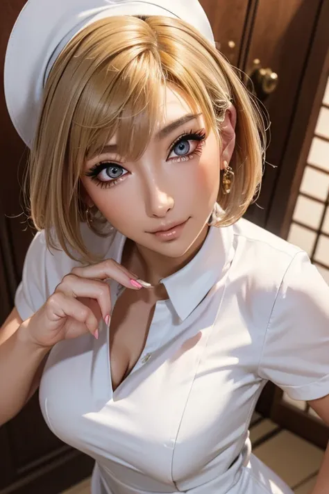 High resolution, High detail, Best Quality,4K,8K,textured skin,anatomically correct,close-up,beautiful lady,large breasts,Japanese girl,colour contact Eyes,blonde hair,very short bob,
nurse, nurse cap, breast pocket, collared dress, short dress, short slee...