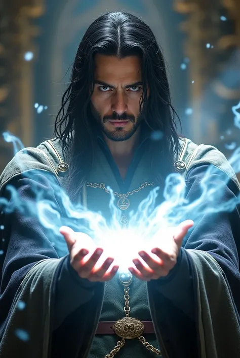 A 28-year-old young man with long black hair, serious face, medieval costume,  comes out of his hands white magic  