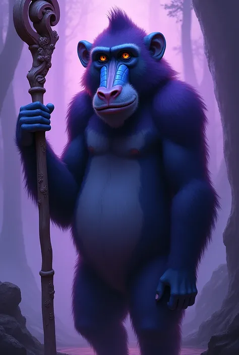 Rafikas mandrill from the cartoon The Lion King, with a staff,  The whole image is in purple-blue tones 