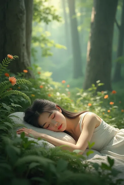 Beautiful Asian girl tied her hair found sleeping in the forest