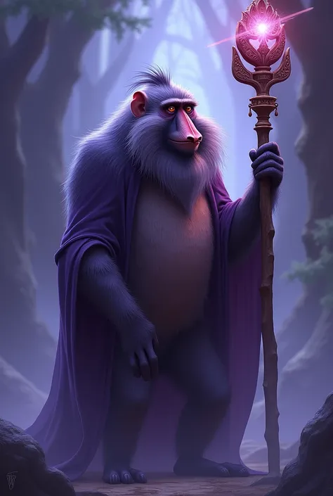 Rafikas wise mandrill from the cartoon The Lion King, with a staff,  The whole image is in purple-blue tones 