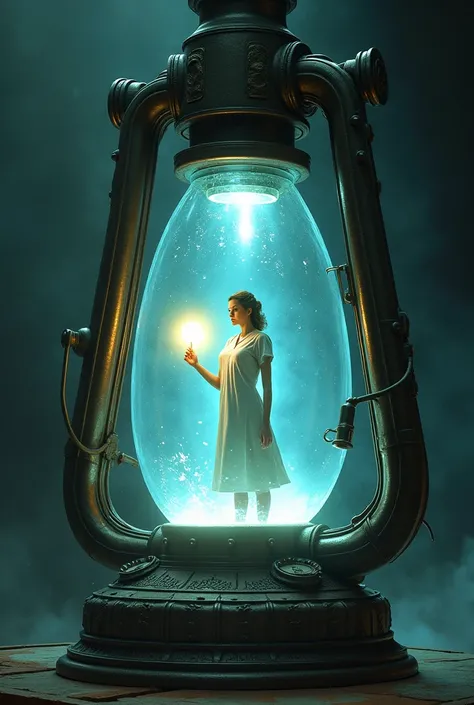 A lamp where inside it we see a nurse with a light in her hand,  who is in question has such an intense light that it illuminates the larger lamp.